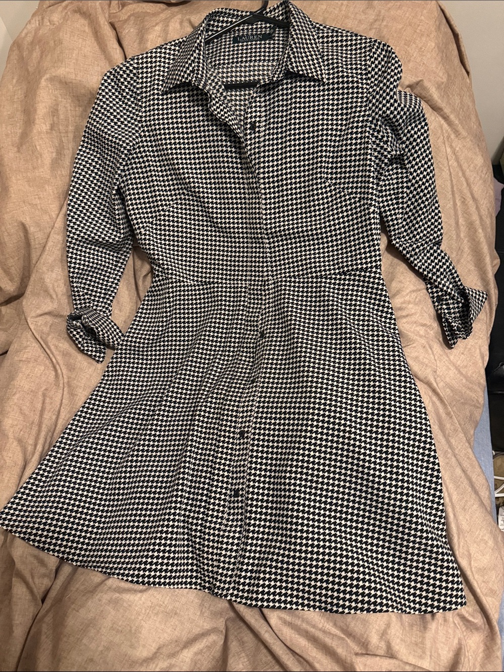 Ralph Lauren Black and White Houndstooth Long Sleeve Shirt Dress